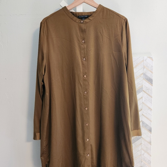 Eileen Fisher Large Gold Leaf Recycled Satin Long Shirt Dress Mandarin Collar - Picture 9 of 10